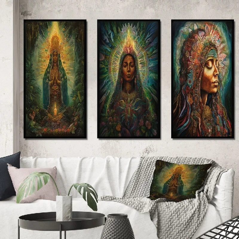 abstract art canvas for home decor-Designart "Radiating Aura Of Holy Mary V" Christianism Framed Wall Art Set Of 3 Traditional Gallery Set For Office Decor