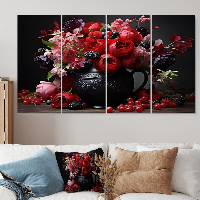 modern abstract wall prints-Designart "Red Floral Pot In Gothic Style" Boho Pottery Extra Large Canvas Set Of 4 - Oversized Bohemian Wall Art