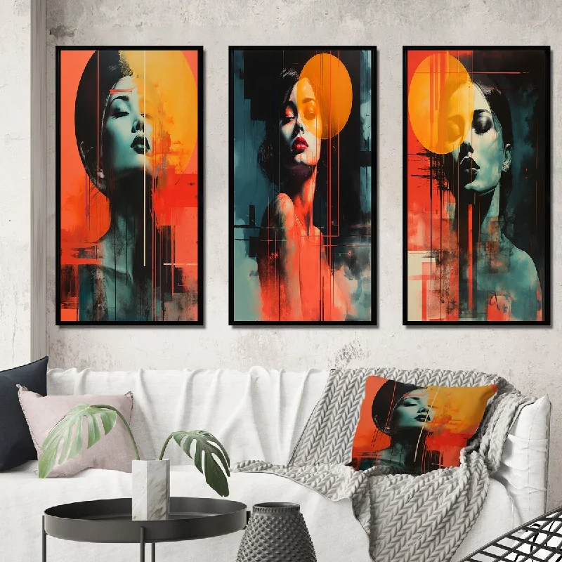 modern pop culture wall prints-Designart "Retro Full Moon Aphrodisia Sensual Portrait VII" Woman Sensual Frame Gallery Set Of 3 For Office Decor