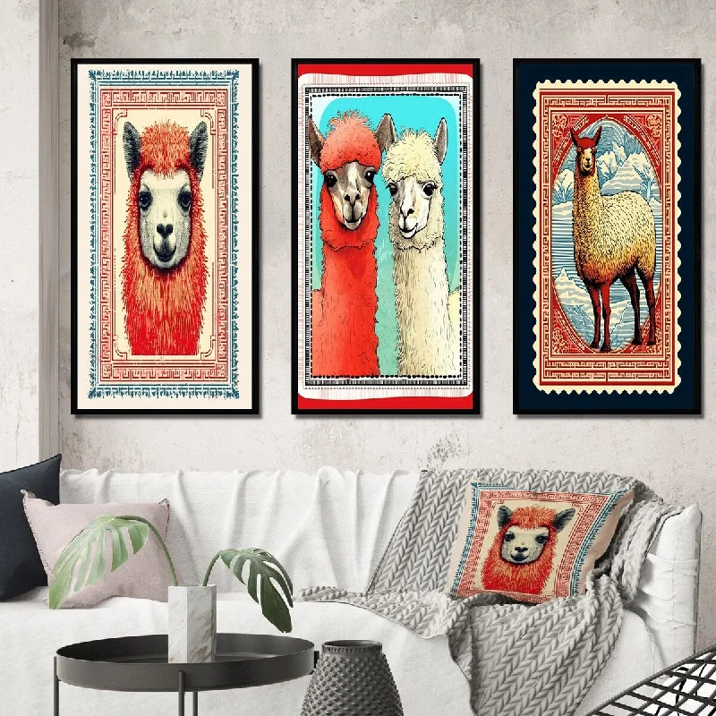 urban landscape prints for wall-Designart "Stamp Retro Illustration Of Llama Portrait II" Llama Framed Wall Art Set Of 3 Traditional For Office Decor