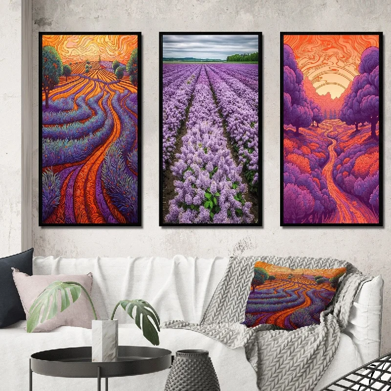 colorful nature canvas art-Designart "Sunset Over Blossoming Fields Of Lavender I" Lavender Framed Wall Art Set Of 3 - Traditional For Office Decor