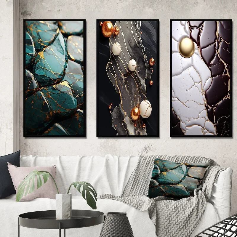 framed nature prints for office-Designart "Teal And Gold Marble Art" Abstract Painting Framed Wall Art Set Of 3 - Modern Gallery Set For Office Decor