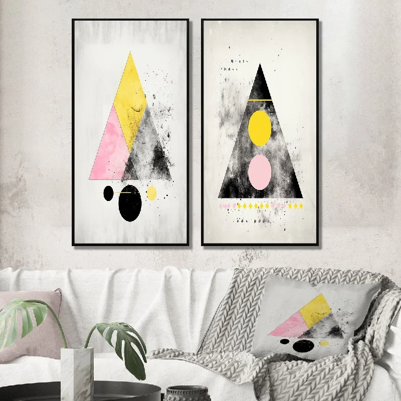 geometric wall paintings for living room-Designart "Transcendence Retro Triangular Minimal IV" Modern Geometric Framed Wall Art Modern Wall Art Set Of 2