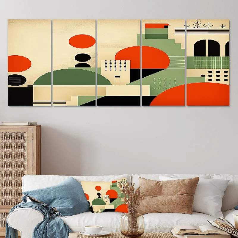 tropical nature canvas paintings-Designart "Transcendent City Shapes Collages" Abstract Collages Set Of 5 - Modern Oversized Wall Art Decor For Hallway