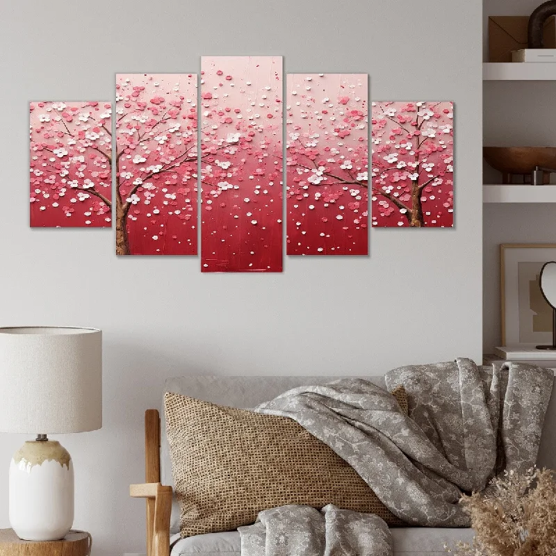 oversized botanical art prints-Designart "White And Pink Charming Spring Blooms" Flowers Set Of 5 Traditional Oversized Canvas Art For Bedroom Decor