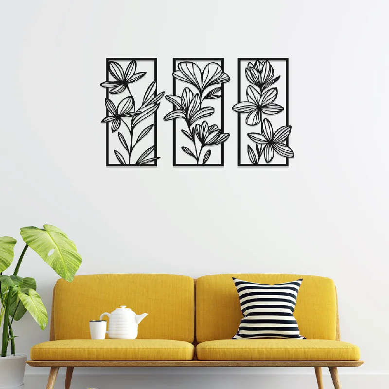 nature themed wall prints-Flowers with Leaf Set Metal Wall Art