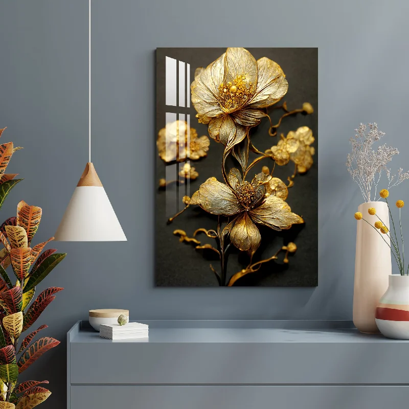 modern botanical prints for walls-Glittering Golden Flowers Acrylic Wall Art