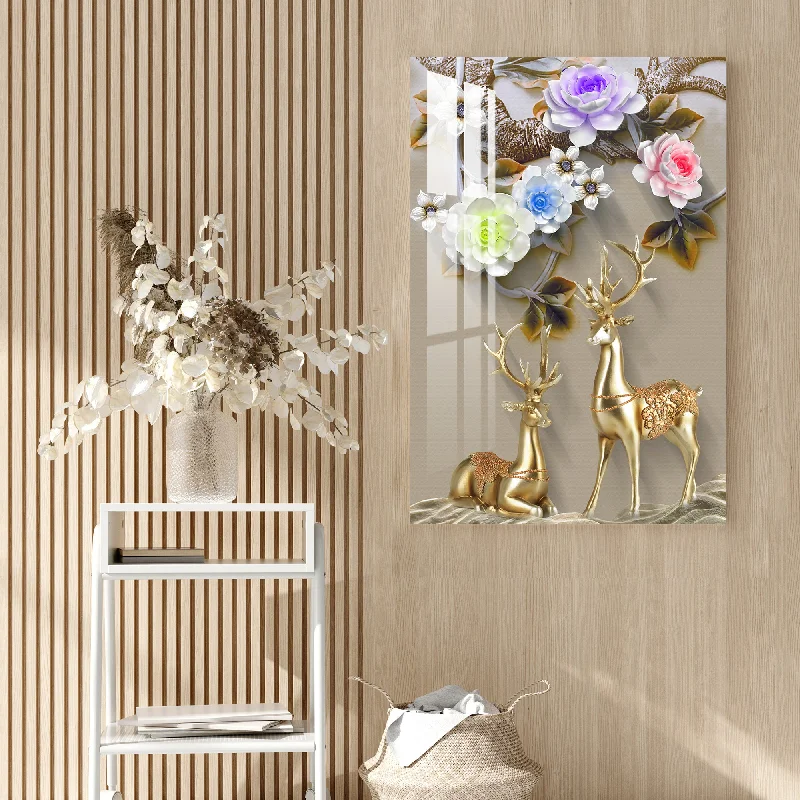 abstract nature wall art-Golden Deers with Colourful Flowers Acrylic Wall Art