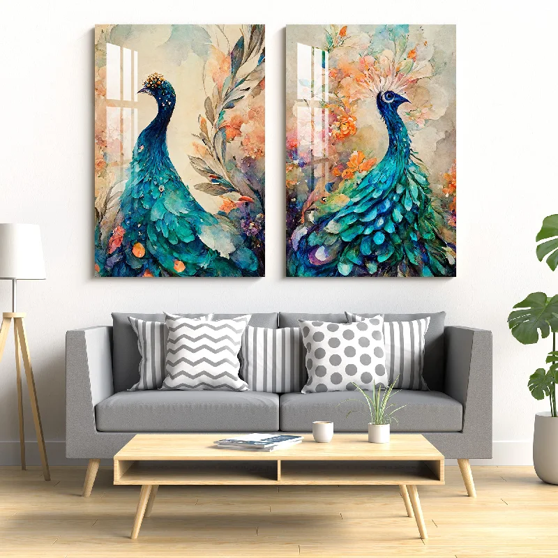 tropical canvas prints for wall decor-Gorgeous Peacocks Acrylic Wall Art (Set Of 2)