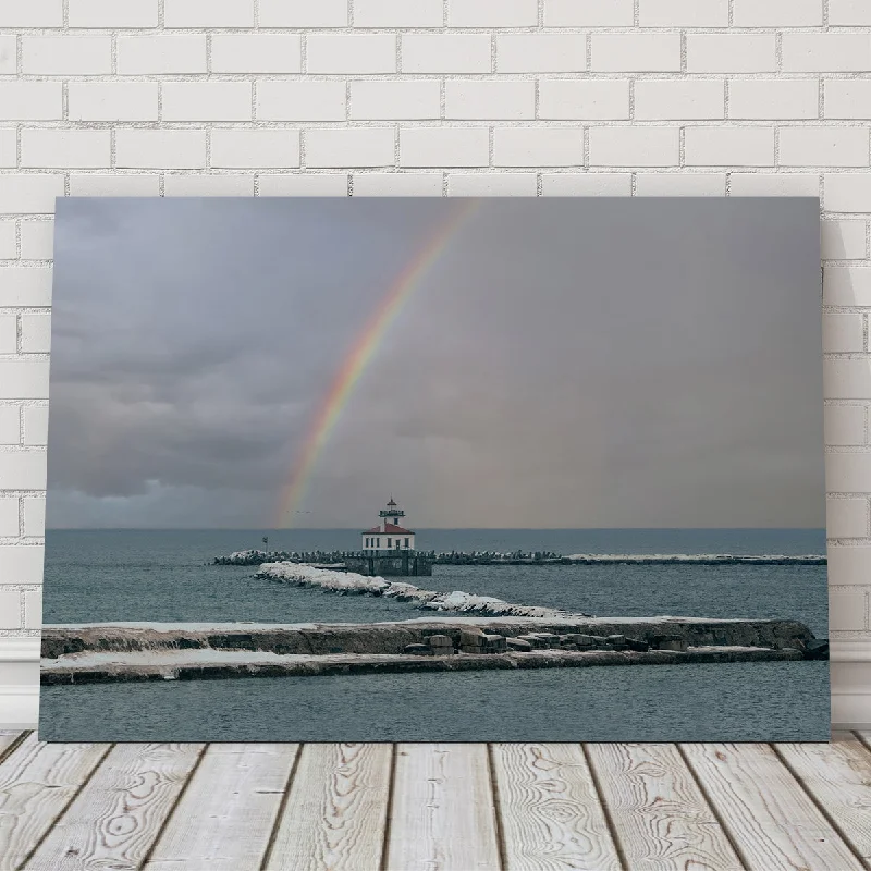 vibrant landscape wall art-Lighthouse and Rainbow