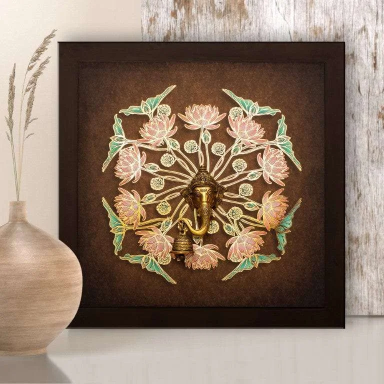 colorful retro wall canvas prints-Lilies with Golden Metal Outlines and Brass Ganesha Idol Wall Hanging