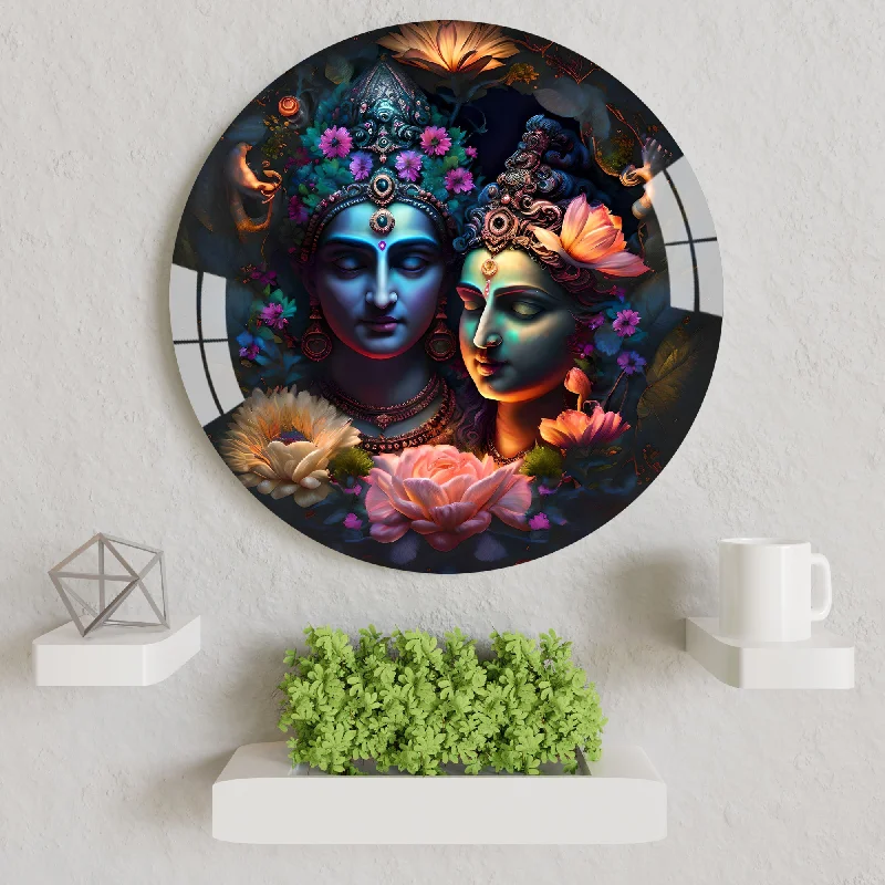 colorful botanical canvas prints-Mystical Radhe Krishna Round Acrylic Wall Art