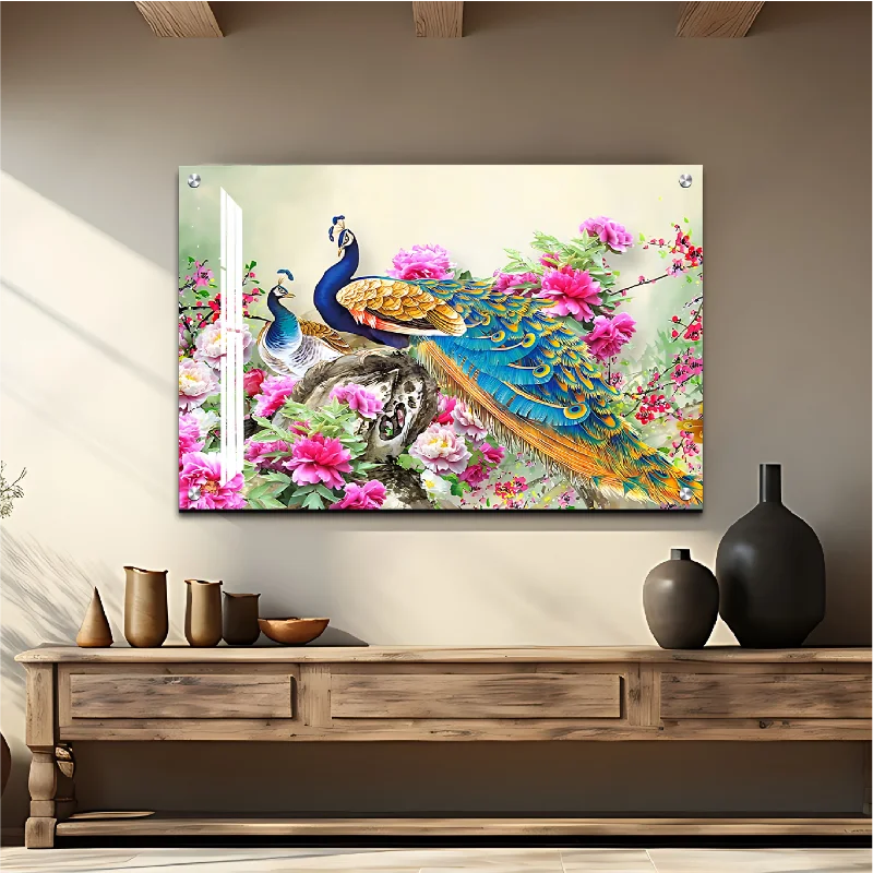 tropical art prints for office-Peacock Good Luck Wall Art Luxury Painting