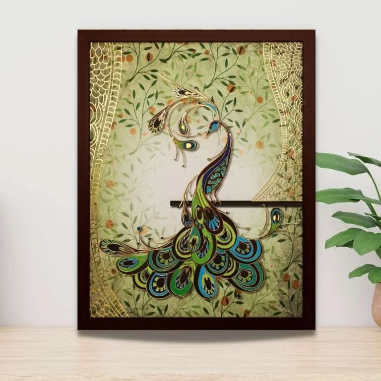 geometric nature canvas prints-Peacock with Golden Metal Outlines Wall Hanging