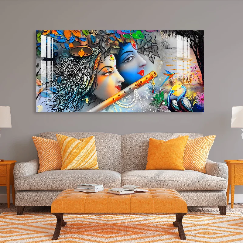 creative minimalist wall art-Radha Krishna with Flowers & Flute Acrylic Wall Art