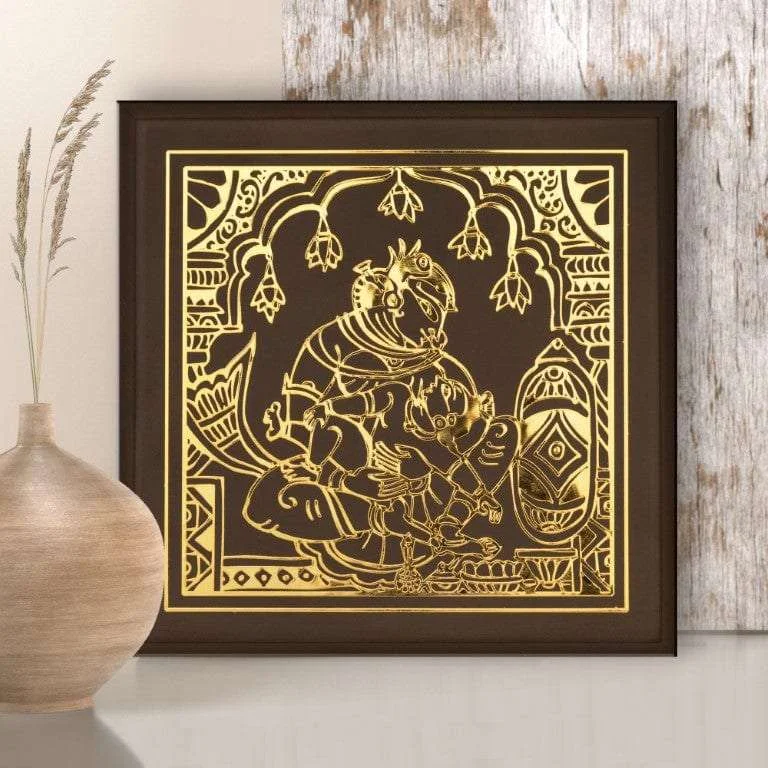 modern botanical art for bedroom-Krishna Yashoda with Golden Metal Outlines Wall Hanging