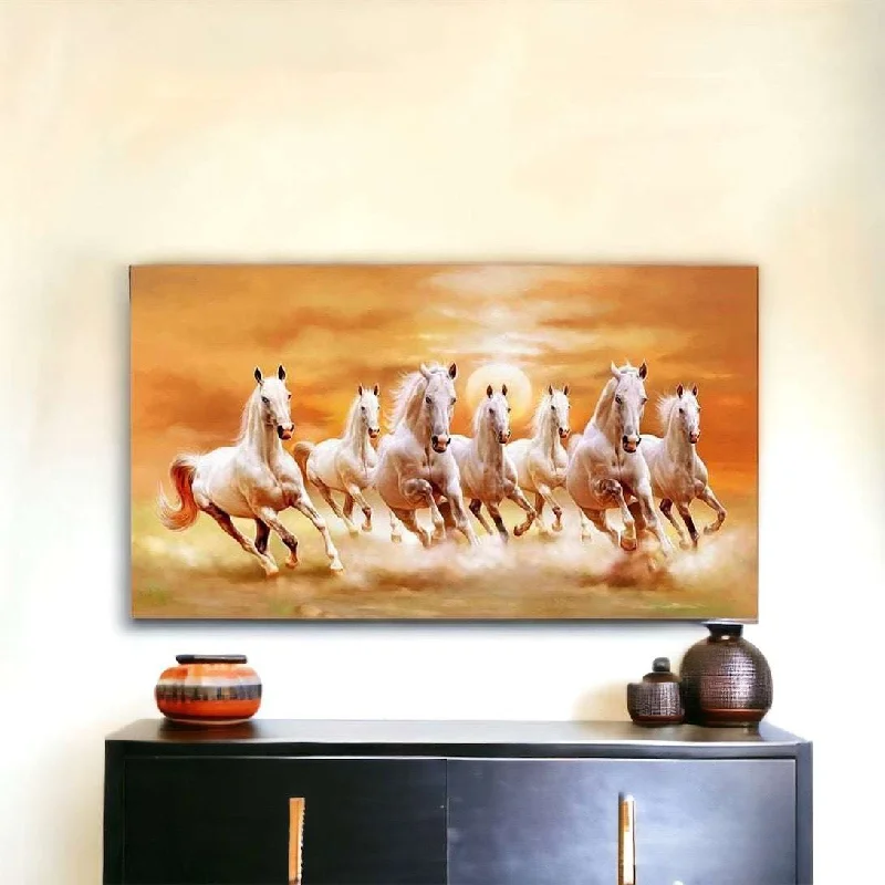 contemporary black and white art-Seven Lucky White Horses Painting