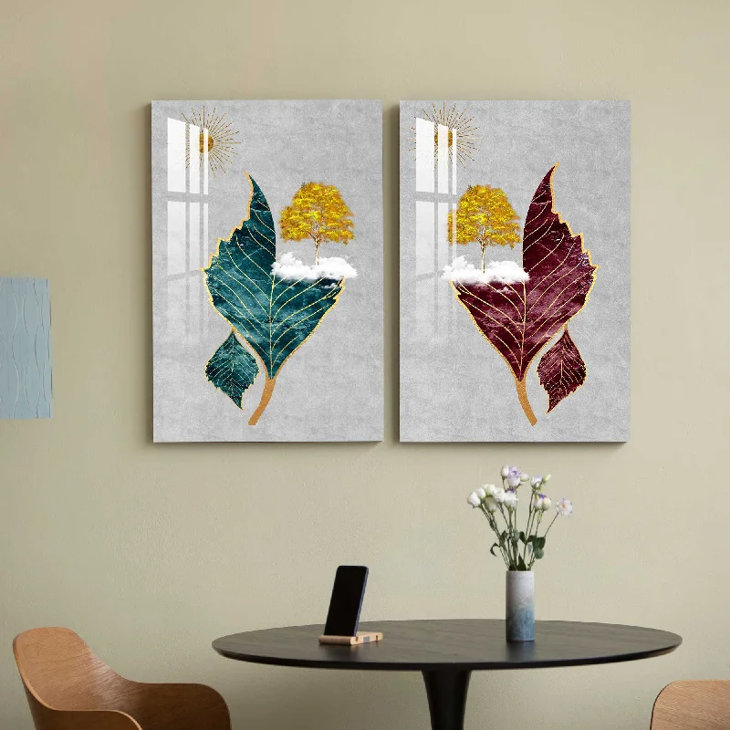 retro style canvas prints-Vibrant Leaves Acrylic Wall Art (Set Of 2)